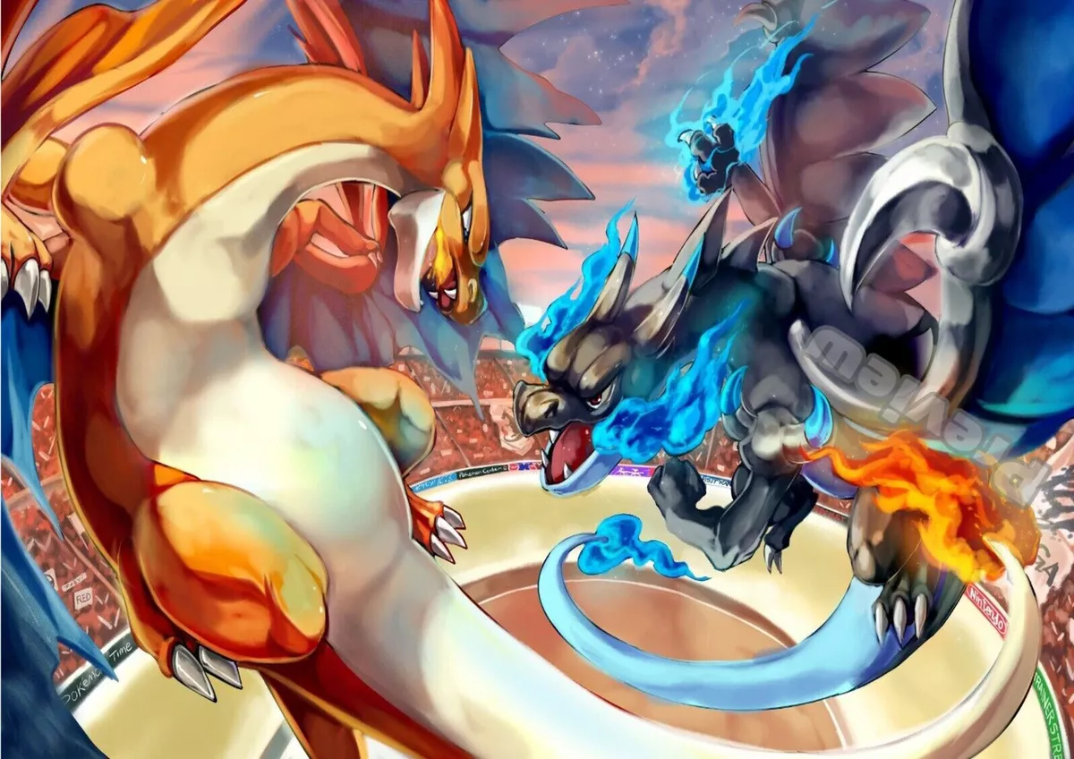 Mega Charizard Y vs Mega Charizard X Pokemon Print Poster Wall Art Picture  A4 +