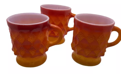 Vintage Lot 3 Anchor Hocking Orange Ombré  Diamond Pattern Glass Coffee Cups