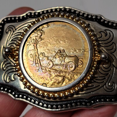 Vintage Nice Old Car Scene Belt Buckle Silver And Gold Tone  display picture 1