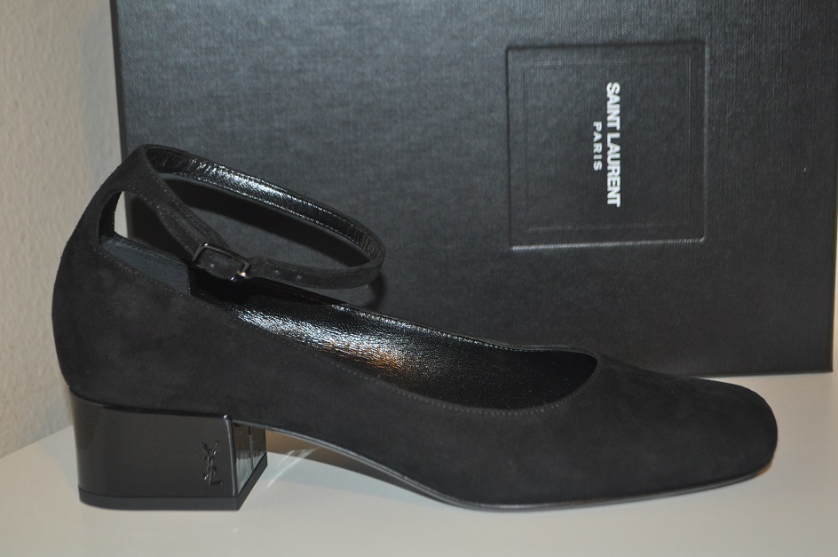 Saint Laurent BAMBINI cinturino alla caviglia logo scarpa tacco basso nero pelle scamosciata 38 7 5