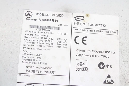 A1698705894 Sistema Audio Radio per MERCEDES-BENZ CLASE A (BM 169) 2009 1457959 - Foto 2 di 10