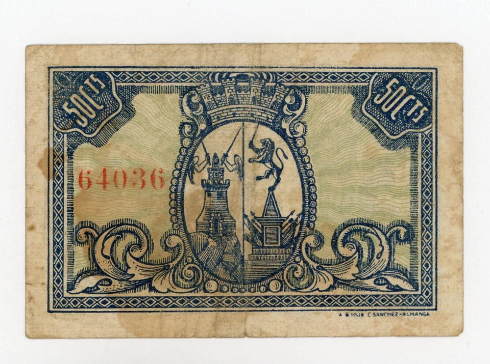 Spain España Civil War Almansa Albacete 50 Centimos 1937 Fine  - Image 2 of 2