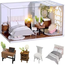 DIY Doll Room Miniature Furniture Wooden House Kit with Dust Cover & LED Light