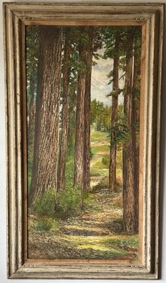 ANTIQUE CALIFORNIA REDWOOD FOREST LANDSCAPE OIL PAINTING VINTAGE BRADSHAW 1940s