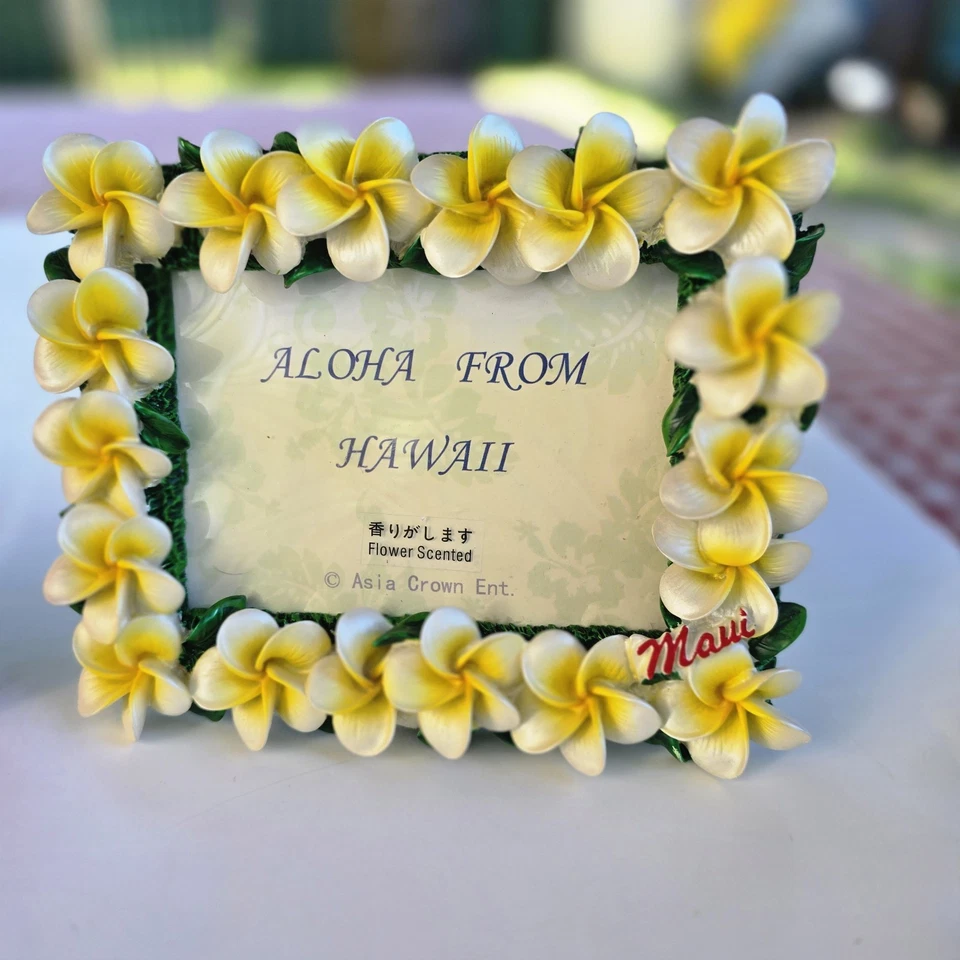 Marco de fotos perfumado con flores Aloha de Hawaii (x2) hibisco rojo y amarillo 6,5 x 5,25 Foto 3 de 4
