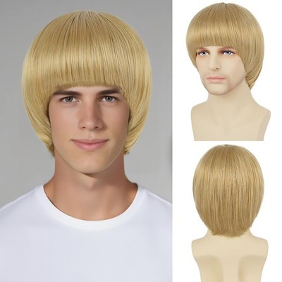 Blonde Mushroom Wig for Men Women Unisex Synthetic 60s Bowl Cut Wig with Bang...