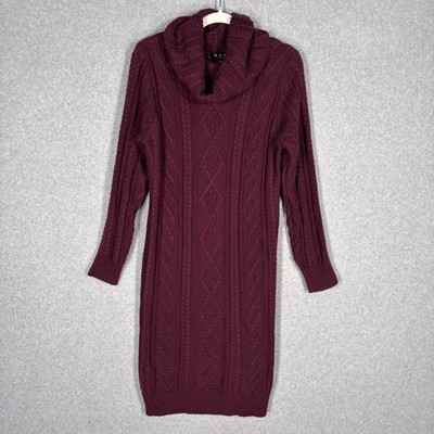MAK Cable Knit Sweater Dress Large Burgundy Cowl Neck Bodycon Heritage Country
