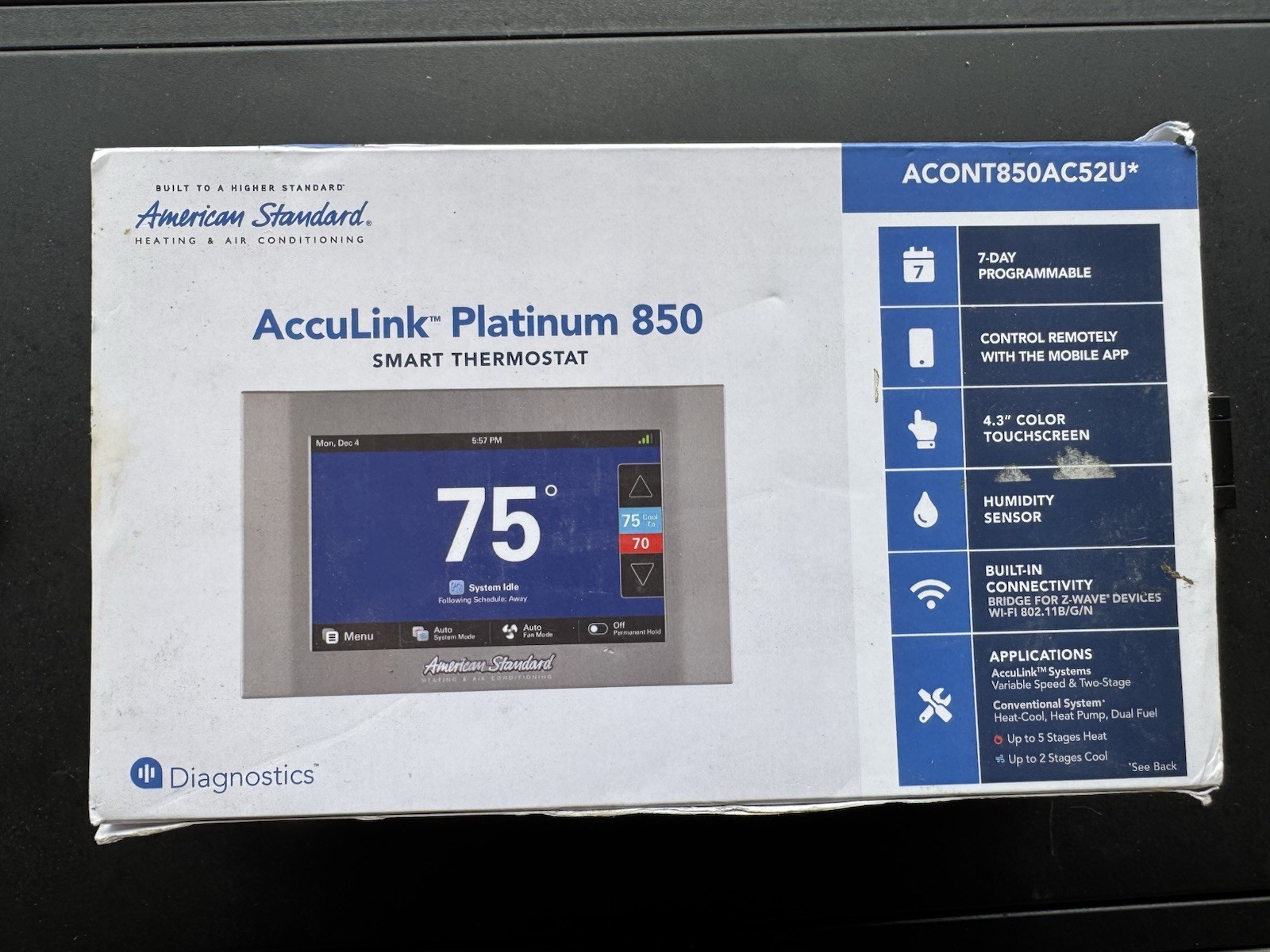 American Standard AccuLink Platinum 850 Wi-Fi Z-Wave Thermostat White 4.3in