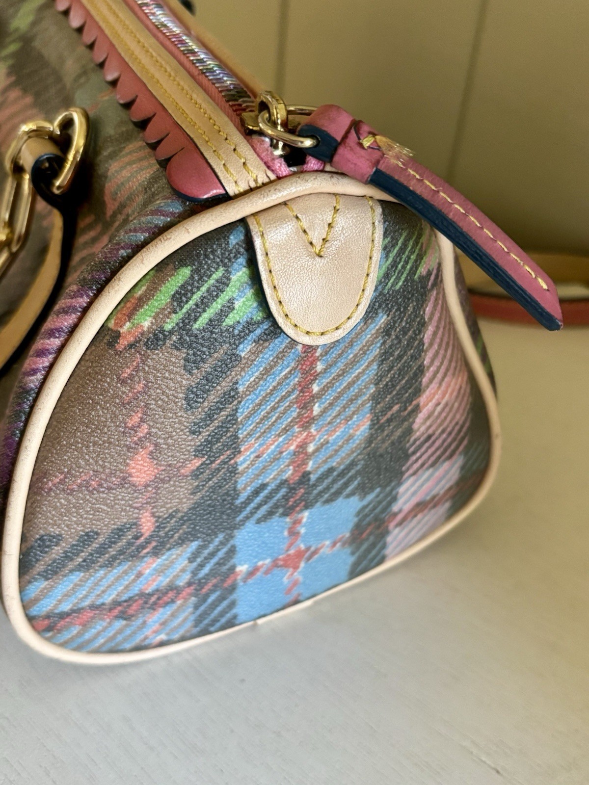 Dooney & Bourke Vintage Colorful Plaid Tartan Barrel Shoulder Bag Scallop Detail