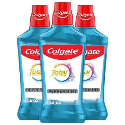 Colgate Total Alcohol Free Mouthwash, Peppermint 33.8 Fl Oz (Pack of 3), Blue 