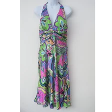 Morrell Maxie Silk Dress Size 8 Halter Boho Evening Colorful Resort Scarf Print