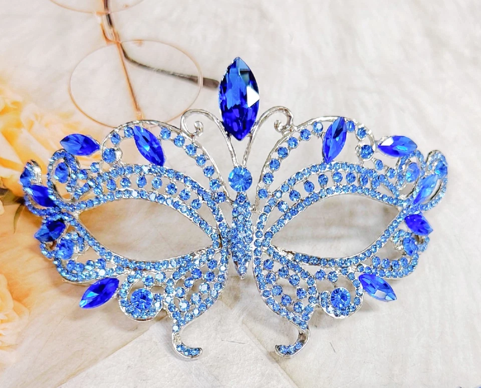 Blue Masquerade Mask, Met Gala Stick Mask, Silver Masquerade Mask, Prom Mask - Image 2 of 4