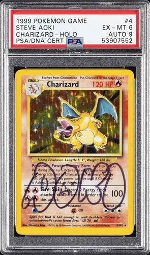1999 POKEMON BASE SET UNLIMITED #4 CHARIZARD-HOLO PSA 6 AUTO 9