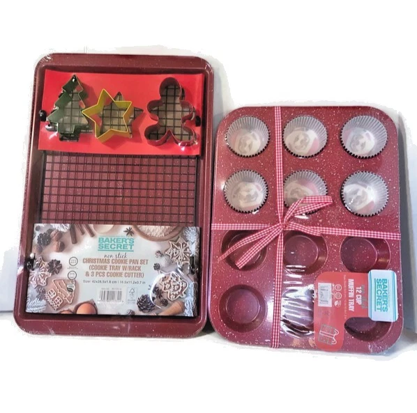 Baker's Secret Set Of 2 Cookie Pan With 3 Cookie Cutter 12 Cup Muffin Pan Red