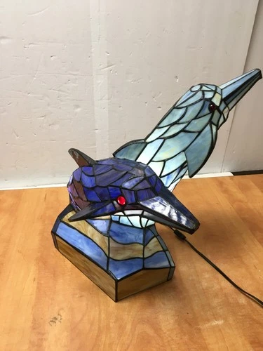 Vintage Tiffany Style Stained Glass Dolphin Table Lamp 19" x 16" x 12'