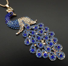 Deep Blue Crystal Rhinestone Big Peacock Pendant Long Necklace