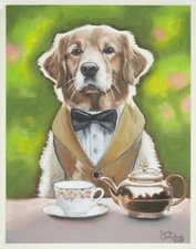 Artwork #158 Original Pastel Painting Golden Retriever Doing Tea Service 11x14