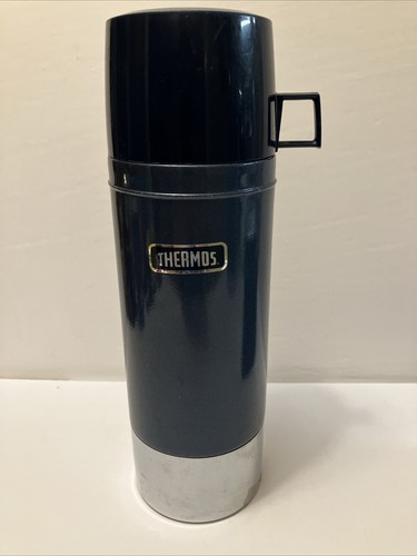 Vintage Thermos Metal Vacuum Bottle Blue Model 2480 Complete No Leaks