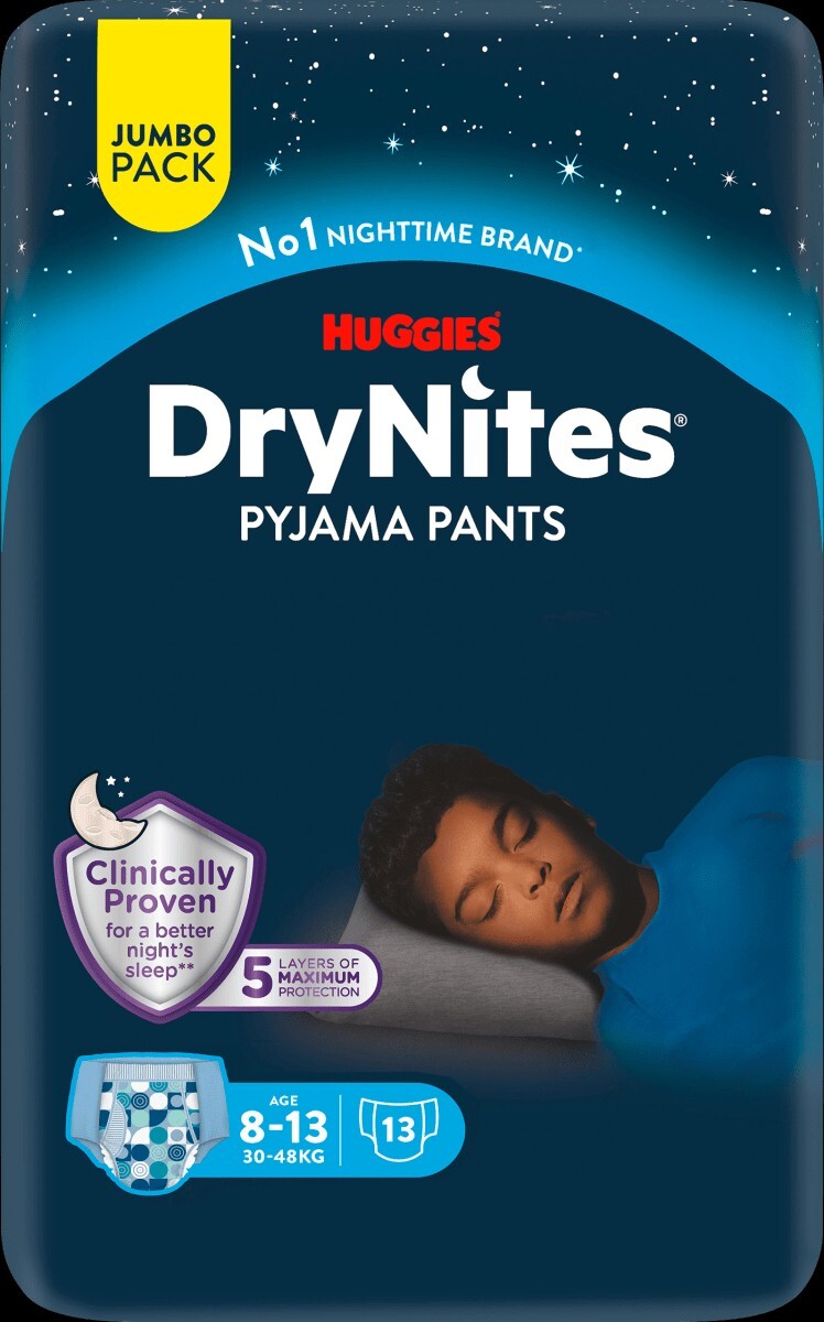 Huggies DryNites Pyjama Pants Boy 8-13 Years, Jumbo Pack, 13 Pants
