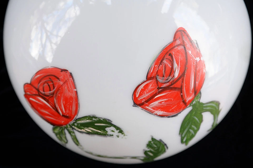 LIGHT SHADE Roses 18" SCHOOL HoUsE  HaNd Painted MiLK Glass Art Deco 1930s 1940s - Image 3 of 4