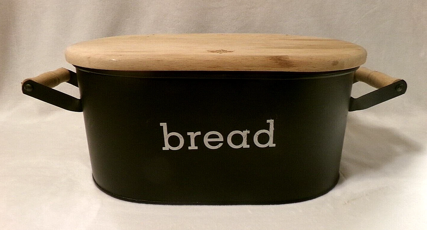 VINTAGE BLACK METAL BREAD BOX w/SOLID WOOD LIFT-OFF LID and SIDE HANDLES - OVAL