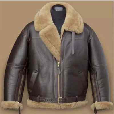 B3 RAF Brown Mens Bomber Flying Aviator Fur Shearling Leather Jacket