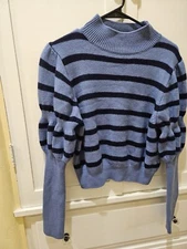 Derek Lam 10 Crosby Blue Stripped Puff Sleeve Sweater Large