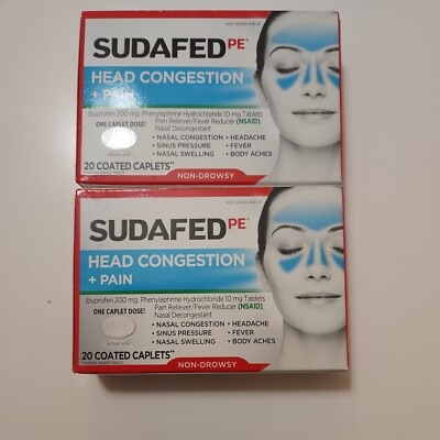 Sudafed PE Non-Drowsy Head Congestion Pain Relief Caplets 20 Ct x2 Exp 2026+