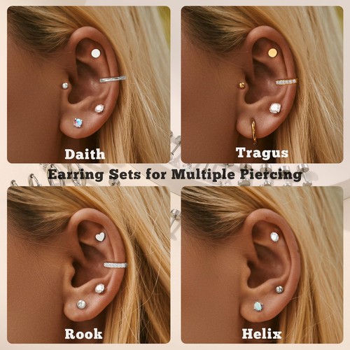 16 Pairs Surgical Steel Flat Back Earrings Set for Multiple Piercing Sensitiv... - Picture 5 of 6