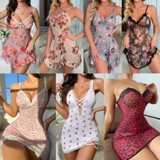 Womens Sexy Lingerie V Neck Mini Teddy Babydoll Lace Nightgown Dress Set Chemise