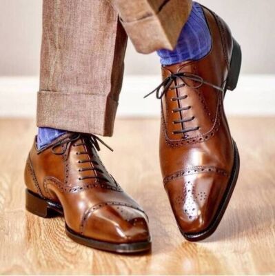 Handmade Men's Brown Color leather Oxford Toe Cap Brogue Lace Up