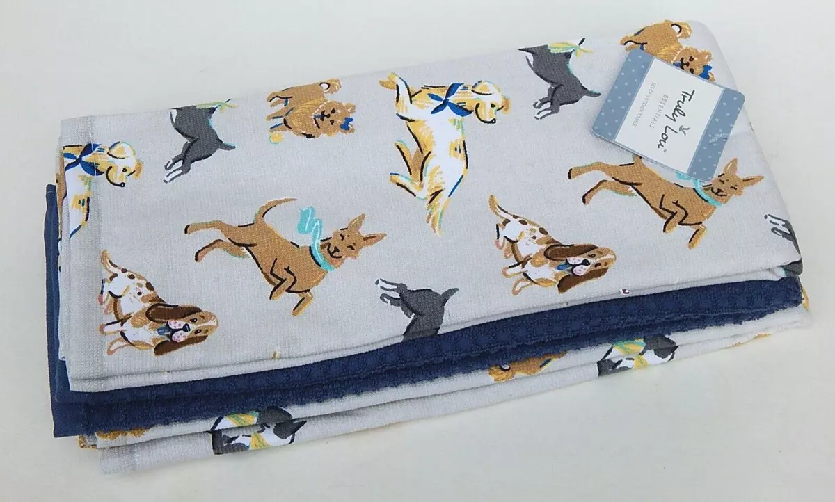 TRULY LOU SET OF 3 KITCHEN TOWELS 18x28'' DOGS/BLUE NEW AUTHENTIC