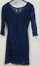 MSLG Women's Elegant Round Neck V-Back Floral Lace Cocktail A Line Dress,Navy,M