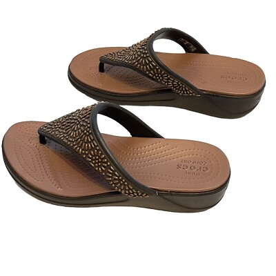 Crocs Sandals Monterey Diamante Womens 7 Thong Wedge Espresso/Bronze Water Shoes