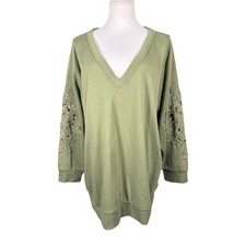 Torrid Olivine Green Cozy Fleece V-Neck Crochet Lace Sleeve Sweatshirt 3X 3 NEW