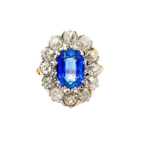 French Antique 2.81 Kashmir Sapphire Diamond 14k Yellow Gold & Platinum Ring