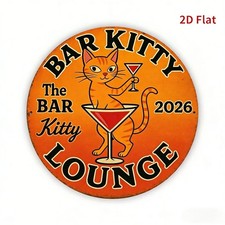 Round Bar Kitty Lounge Metal Sign Retro Orange Cat Martini Home Bar Wall Decor