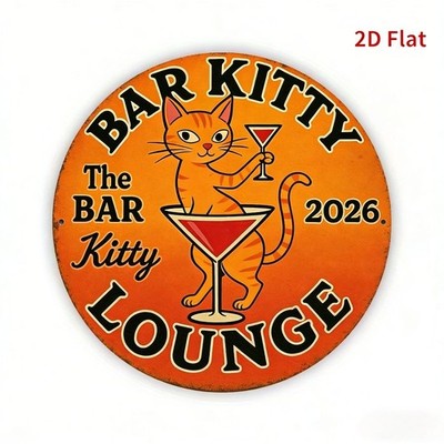Round Bar Kitty Lounge Metal Sign Retro Orange Cat Martini Home Bar Wall Decor