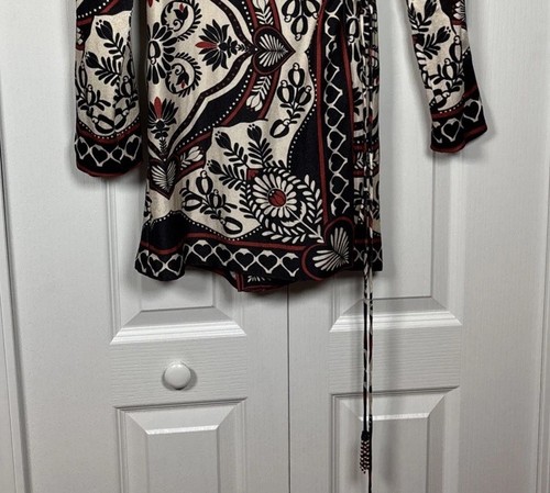 Farm Rio Passion Scarf Mini Wrap Dress M Lined Beaded Tassels Black Ivory Red - Picture 7 of 16