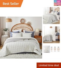 Luxurious King Size Quilt Set in Ivory Haze   Cotton Linen, 3-Piece Farmhouse...