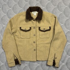 ORVIS Trucker Jacket Fringe Trim Made In USA Woven Button Up Beige Women M EUC