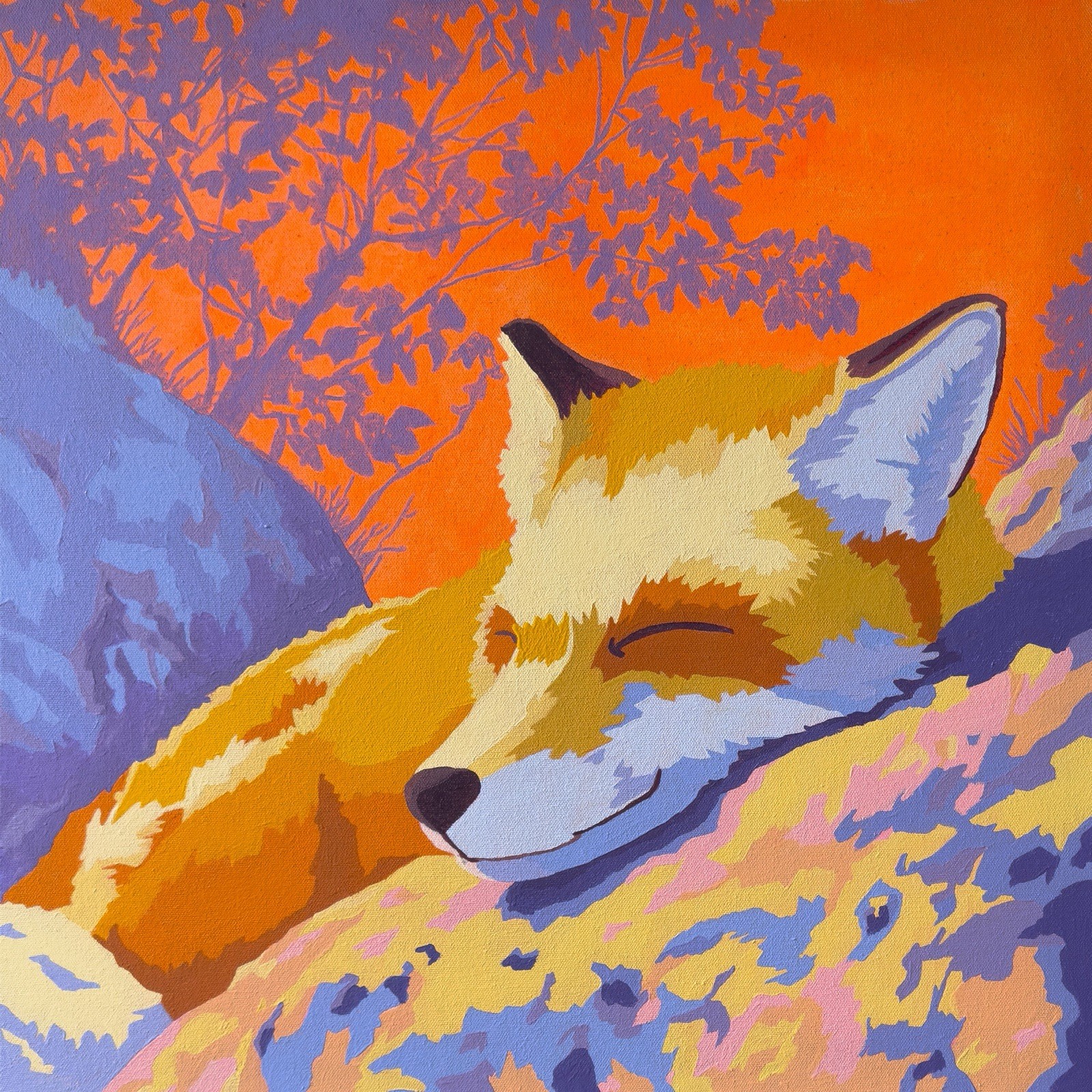 Pintura acrílica original Dreaming Dayglow Desert Fox - 20” X 20” arte de vida silvestre