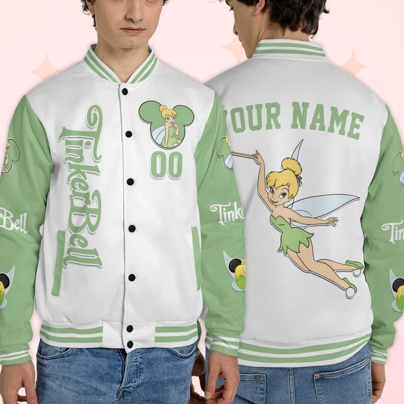 Personalized Pretty Tinker Bell Fairy Princess Peter Pan Cartoon Baseball Jacket