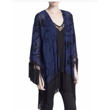 ASTR Kimono Topper S Navy Blue Black Velvet Floral Longline Open Fringe