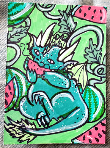 ACEO Original Painting Watermelon Dragon Cute Chubby Melon Baby Dragon Art