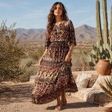 Cato Boho Tribal Geometric Maxi Dress Womens Size L Brown Animal Print Stretch