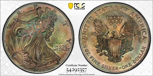 MS65 2000 $1 ASE Silver Eagle Dollar, PCGS Trueview- Nicely Rainbow Toned