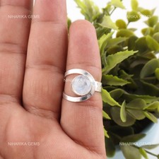 Round Rainbow Moonstone Gemstone 925 Sterling Silver Band Artisan Ring Jewelry