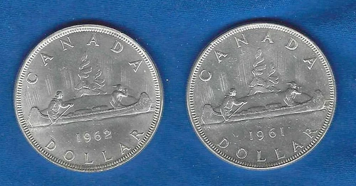 TWO 1961 &1962 CANADIAN $1 DOLLARS CIRCULATED COIN - 80% PURE SILVER