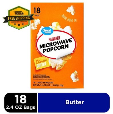 Great Value Classic Butter Flavored Microwave Popcorn, 2.4 oz, 18-Count Pack